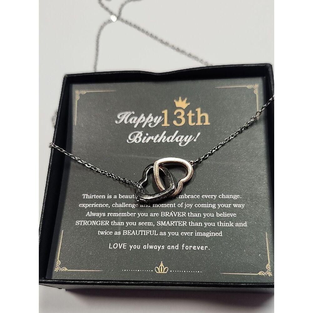 Interlocking Heart Pendant Necklace in Silver/Rose Gold Tone Happy 13th Birthday